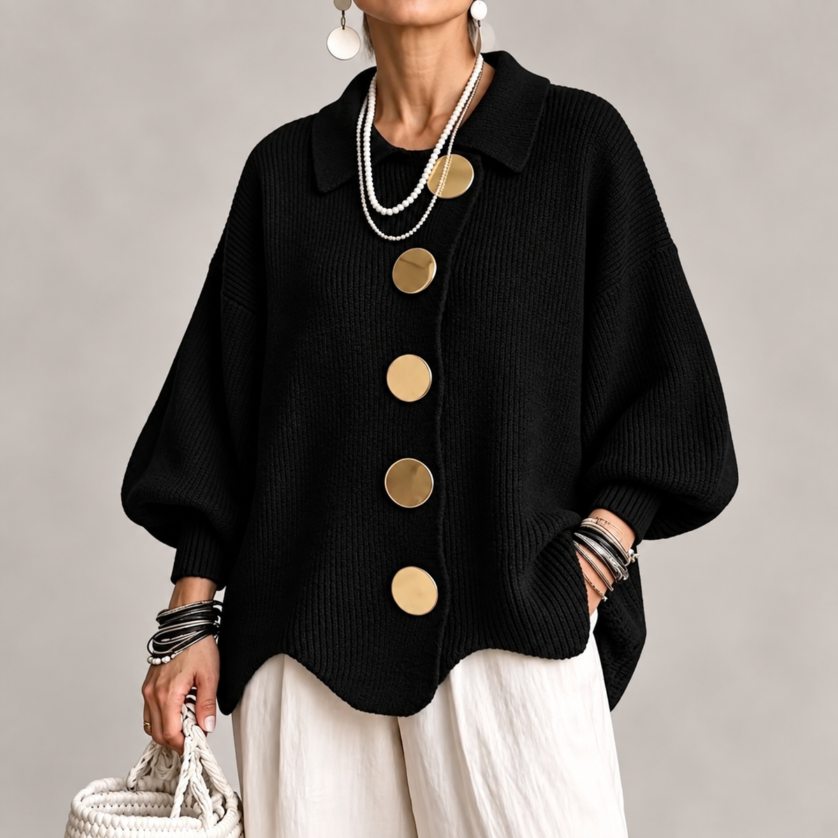 Cardigan Oversize Femme à Boutons Dorés