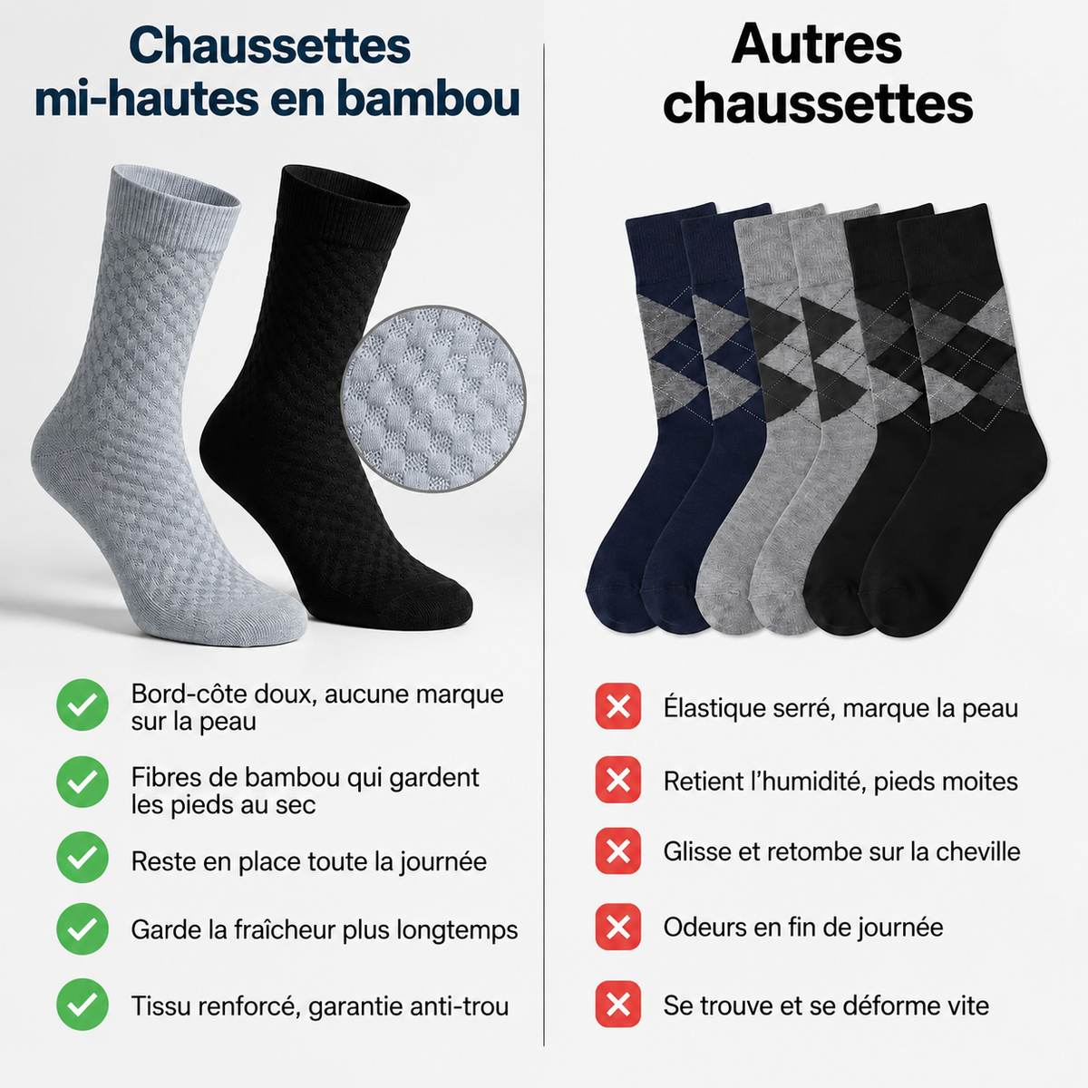 Chaussettes mi-hautes en bambou respirantes et confortables