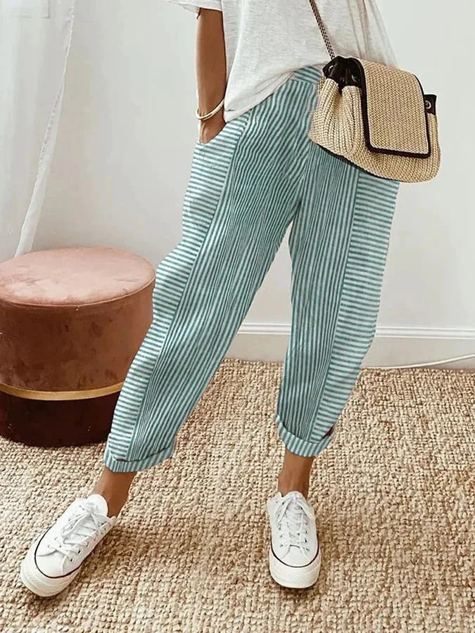 Pantalon Léger Rayé à Taille Élastique