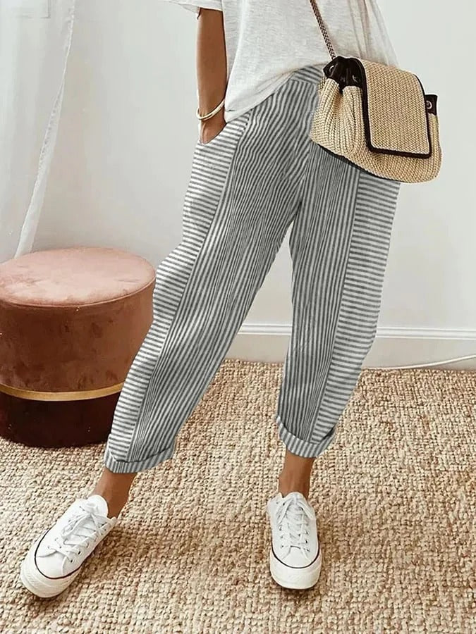 Pantalon Léger Rayé à Taille Élastique