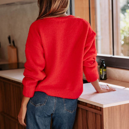 Gilet rouge ample en maille à boutons