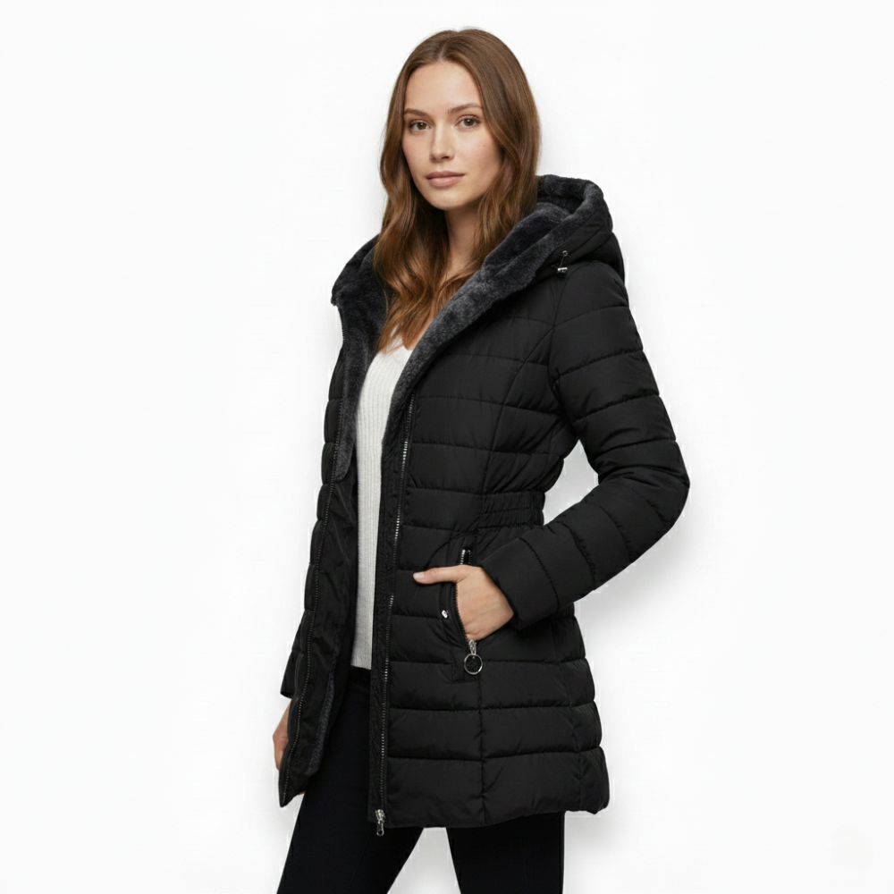 Manteau long d’hiver matelassé avec capuche