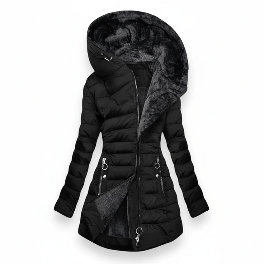Manteau long d’hiver matelassé avec capuche