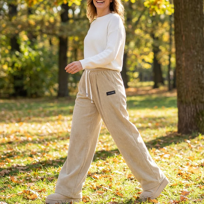 Pantalon femme en velours côtelé ample avec taille ajustable