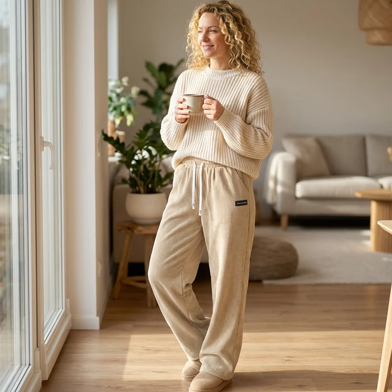 Pantalon femme en velours côtelé ample avec taille ajustable