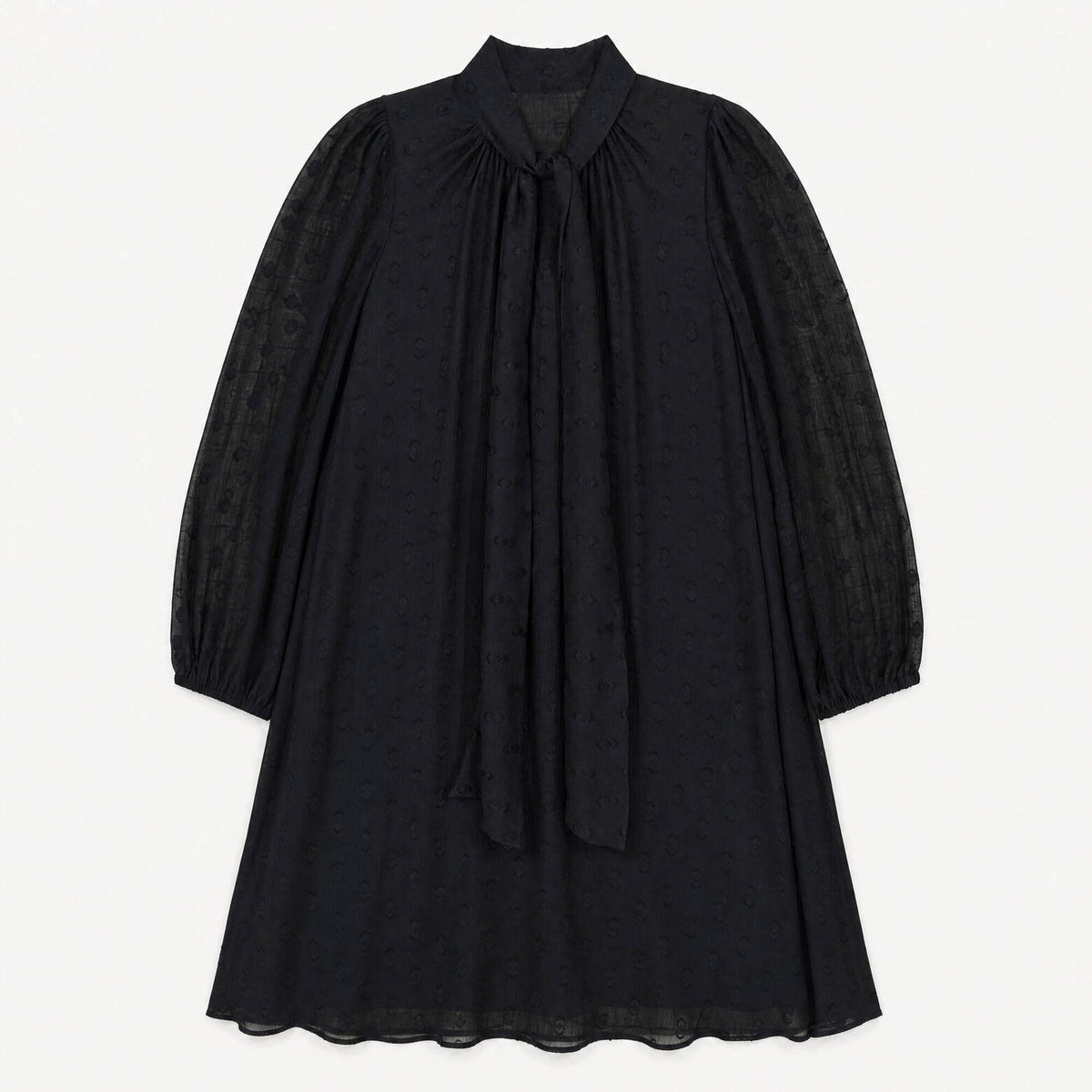 Robe Noire Fluide à Col Noué et Manches Transparentes