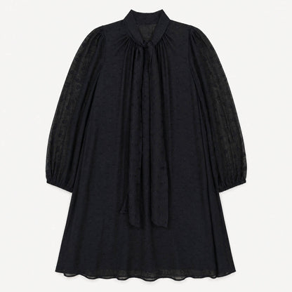Robe Noire Fluide à Col Noué et Manches Transparentes