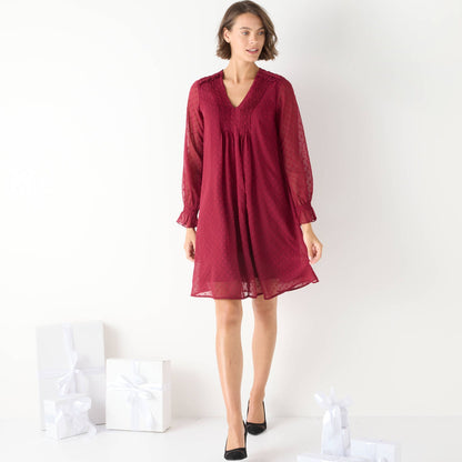 Robe Noire Fluide à Col Noué et Manches Transparentes