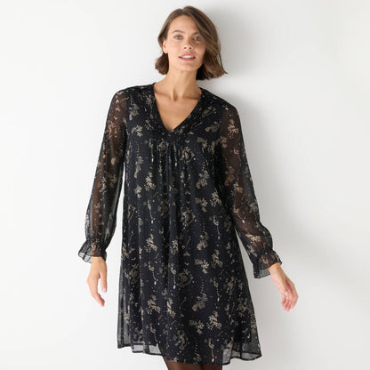 Robe Noire Fluide à Col Noué et Manches Transparentes