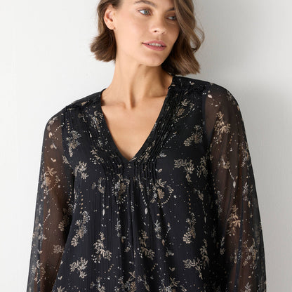 Robe Noire Fluide à Col Noué et Manches Transparentes