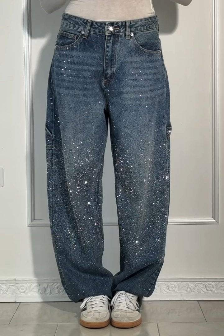 Jeans ample pour femme avec strass