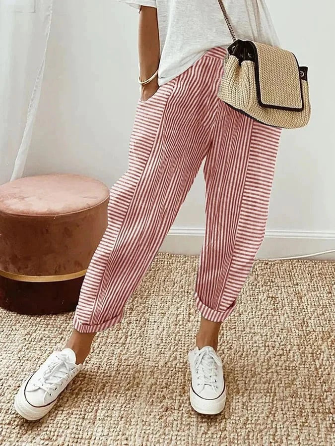 Pantalon Léger Rayé à Taille Élastique