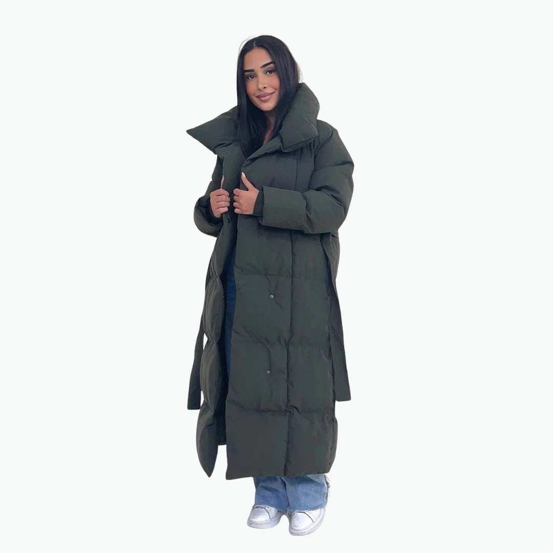 Lange gesteppte Damen-Winterjacke mit Gürtel