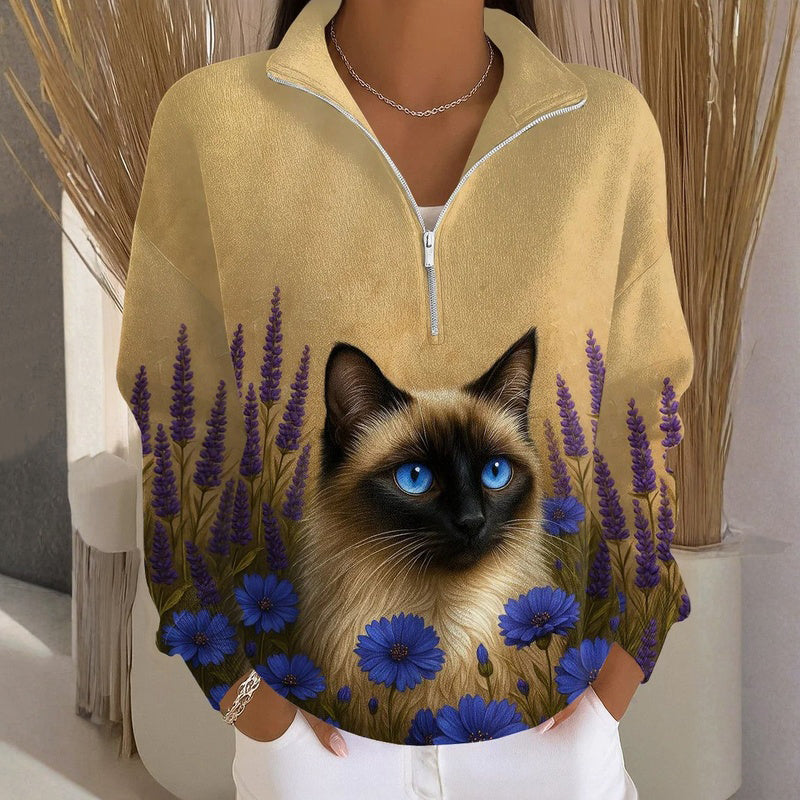 Sweatshirt mit Reißverschluss und Vintage-Katzenprint