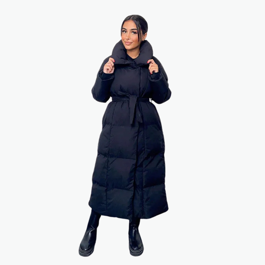 Lange gesteppte Damen-Winterjacke mit Gürtel