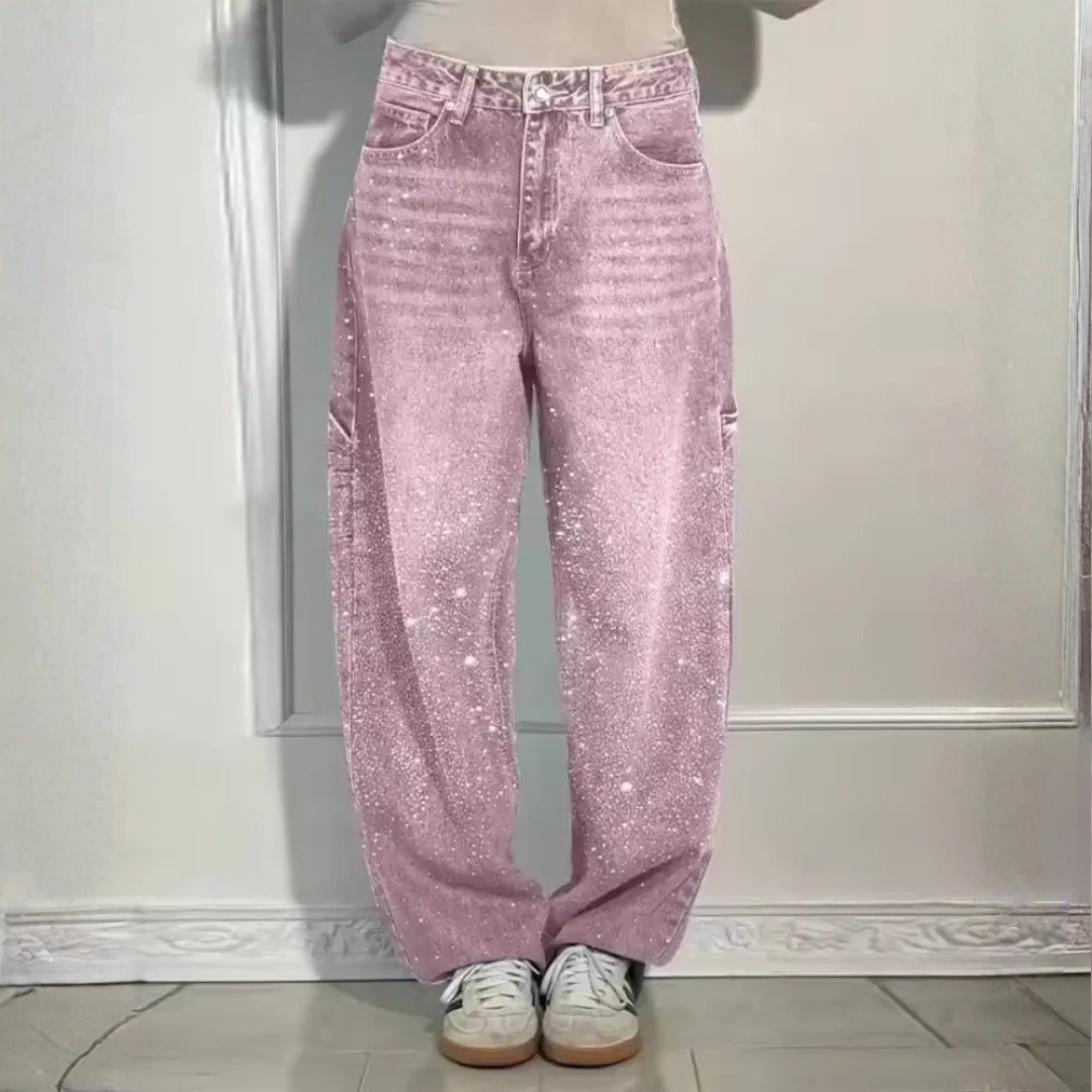 Damen-Jeans mit hoher Taille Breiter Schnitt Used-Effekt