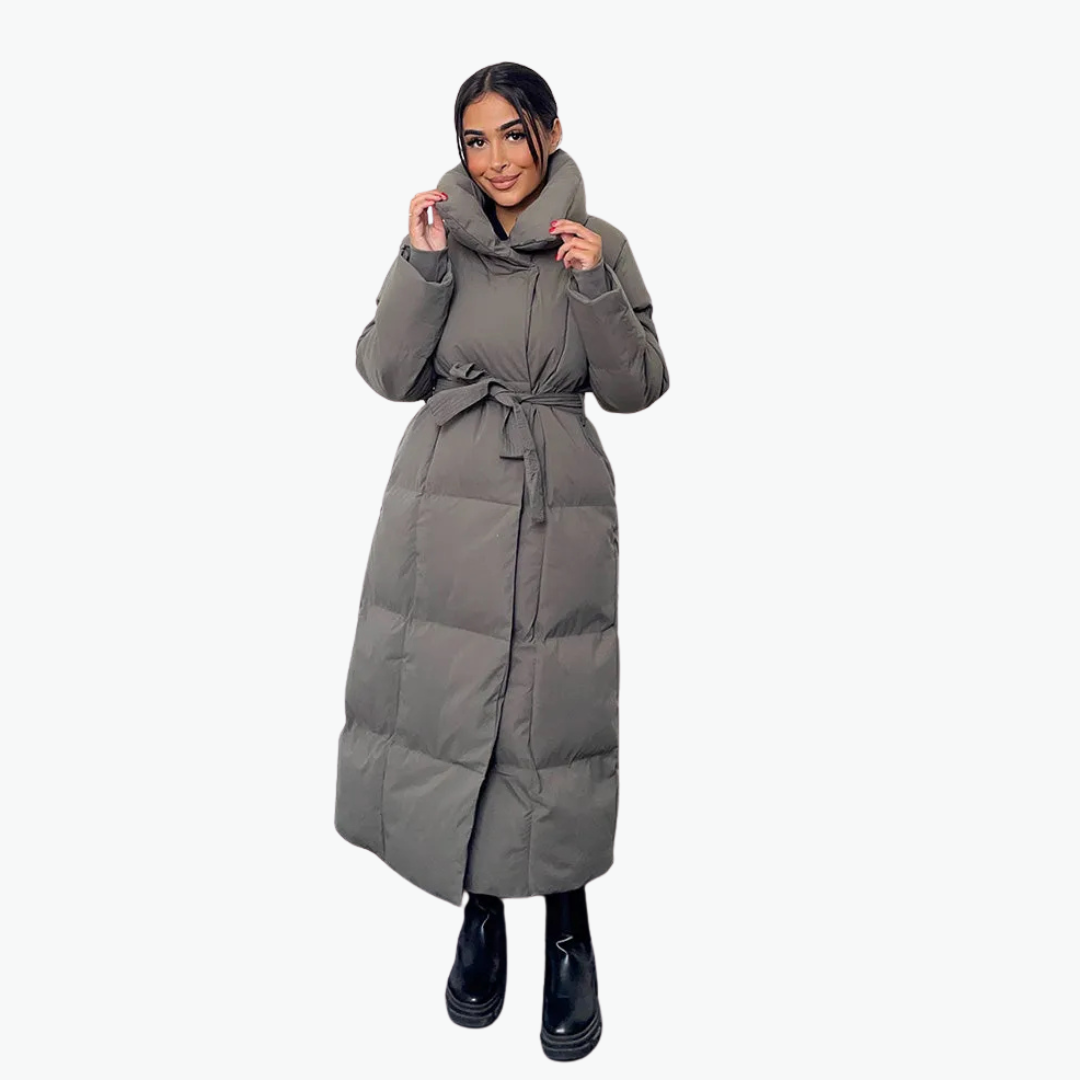 Lange gesteppte Damen-Winterjacke mit Gürtel