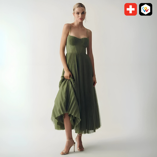 Asymmetrisches Kleid aus grünem, plissiertem Tüll - Luftige Eleganz