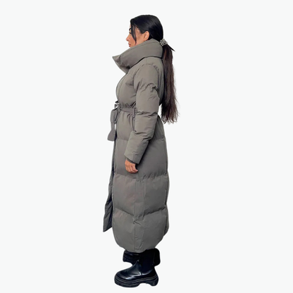 Lange gesteppte Damen-Winterjacke mit Gürtel