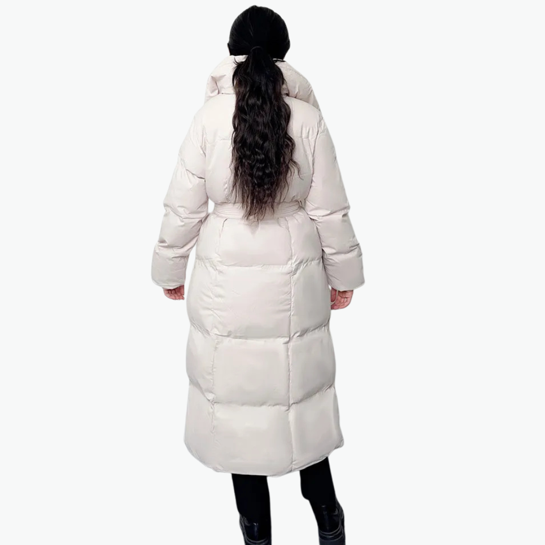 Lange gesteppte Damen-Winterjacke mit Gürtel