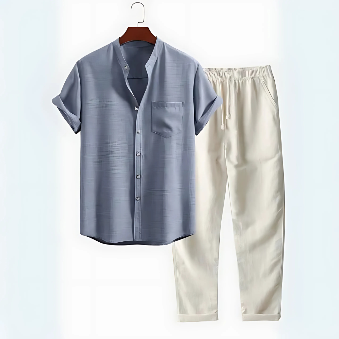 Set camicia a collo alto e pantaloni a gamba tesa in lino