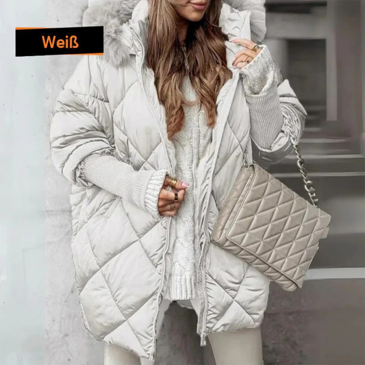 Mantello invernale da donna con cappuccino in pelle