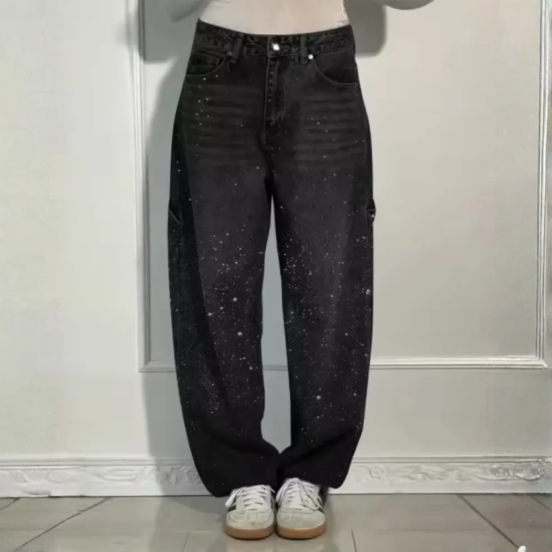 Jeans da donna a vita alta, vestibilità ampia, effetto consumato