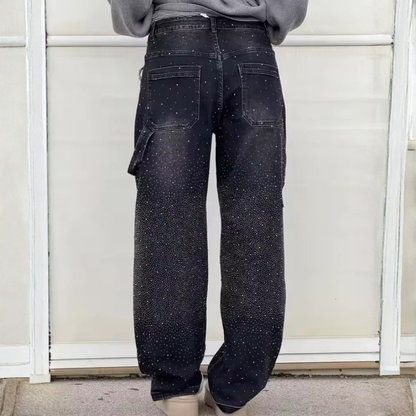 Jeans da donna a vita alta, vestibilità ampia, effetto consumato