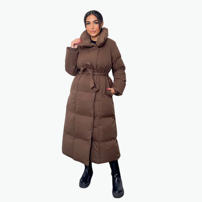 Lange gesteppte Damen-Winterjacke mit Gürtel