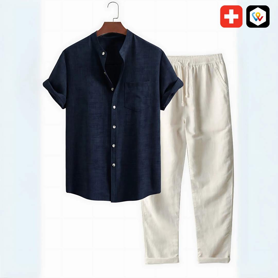 Set camicia a collo alto e pantaloni a gamba tesa in lino