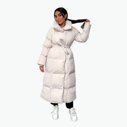 Lange gesteppte Damen-Winterjacke mit Gürtel