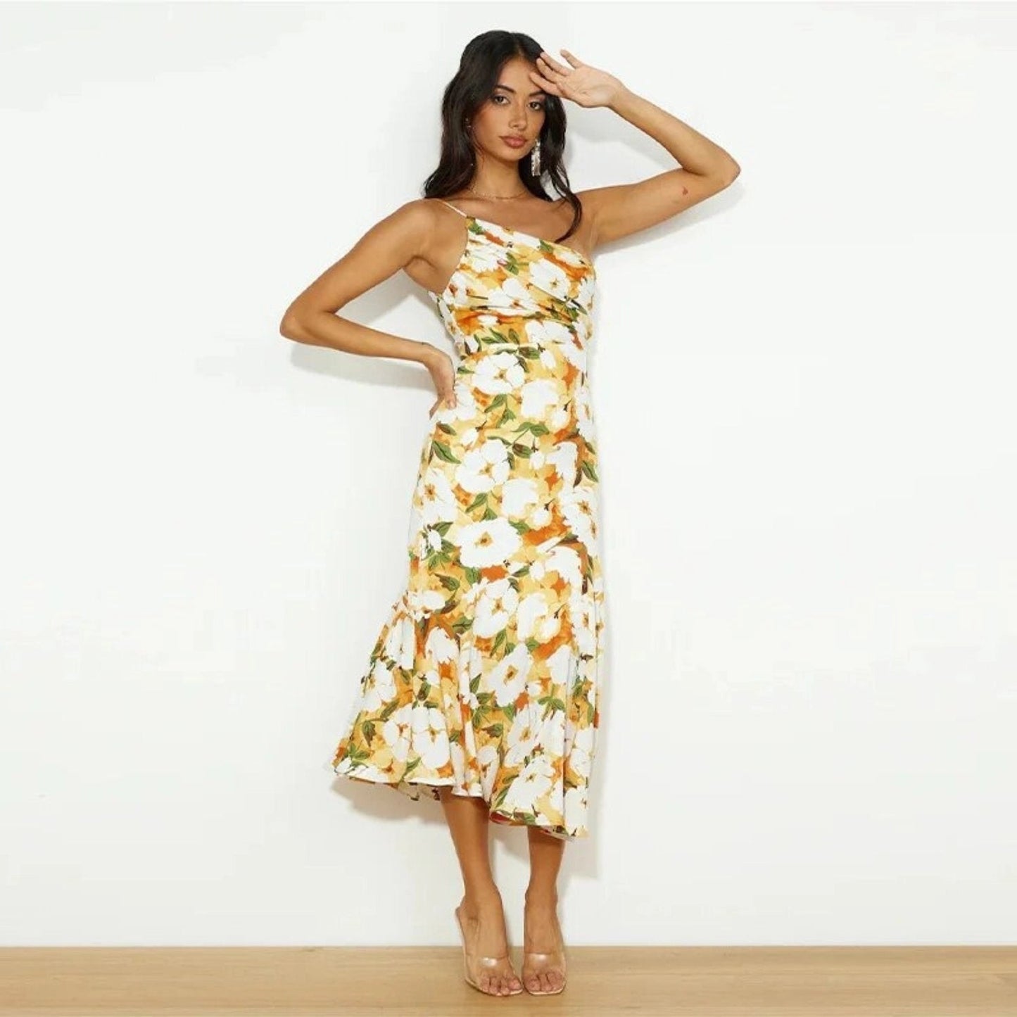 Sienna - Maxikleid asimmetrico con bordo floreale per donna