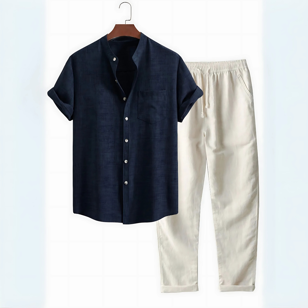 Set camicia a collo alto e pantaloni a gamba tesa in lino