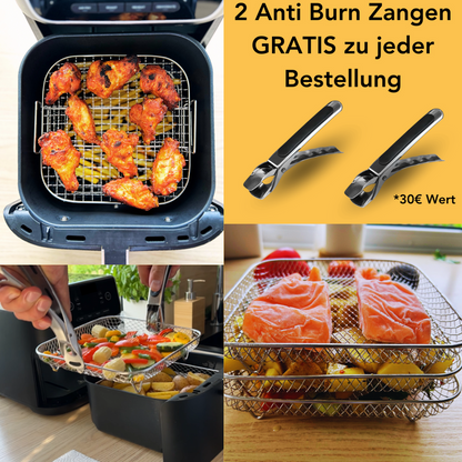 3er Set Stapelbare Körbe für Airfryer + 2 Zangen GRATIS