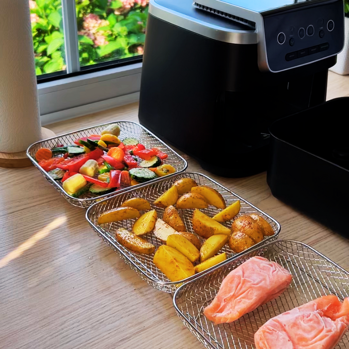 3er Set Stapelbare Körbe für Airfryer + 2 Zangen GRATIS